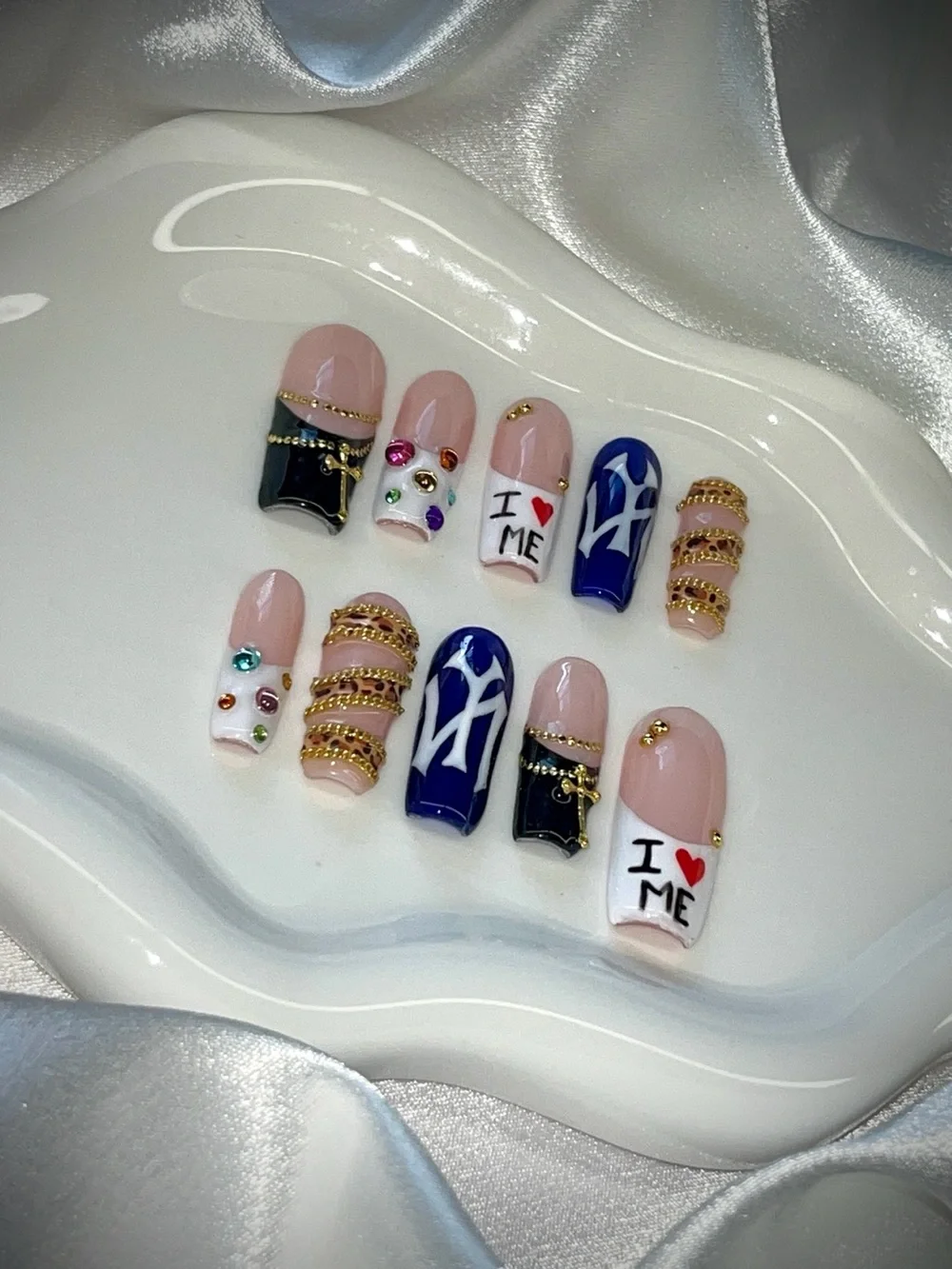 Nude & Blue Rhinestone Press-On Nail Set with Gold Accents
